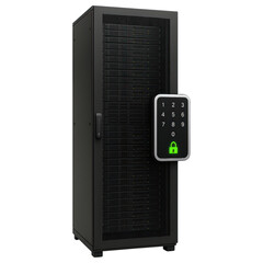 Fototapeta premium Server Rack with Digital Lock Overlay