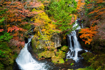 Ryuzu Waterfall or Ryuzu Cascades with autumn background is one of Landmark in Nikko to see autumn colors Nikko, Tochigi, Japan