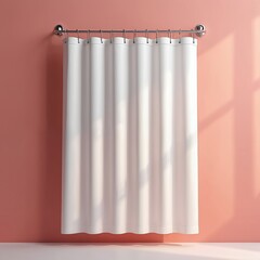 3D shower curtain icon design. White fabric hangs on metal rod against peach background. Illustrative logo element representing privacy, cleanliness in bathroom space. Modern graphic for home decor