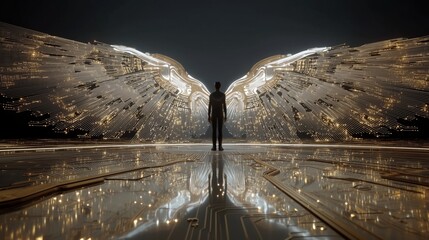 Man standing before giant AI Artificial Intelligence intricate metallic wings bathed in ethereal light a powerful and symbolic representation of aspiration and freedom