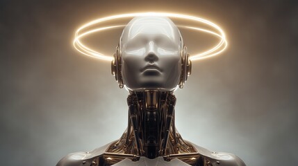 Futuristic AI Artificial Intelligence robot with glowing halo and advanced technology and sleek design