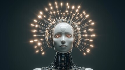 Futuristic AI Artificial Intelligence robot portrait with glowing details on dark background and technology concept