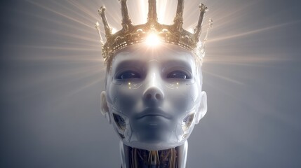Abstract Portrait of AI Artificial Intelligence Figure Wearing Crown with radiant light