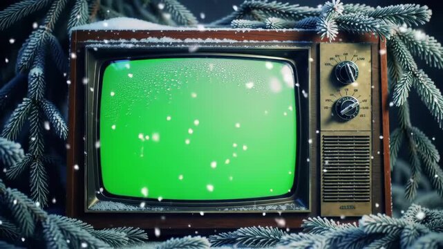 A classic vintage television set with a green screen display, nestled in snowy evergreen branches, perfect for winter holiday content