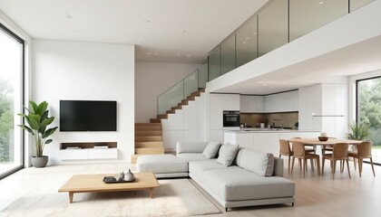 Minimalist open plan living space with sectional sofa coffee table and TV. Modern kitchen with dining area and staircase. Bright airy home interior.
