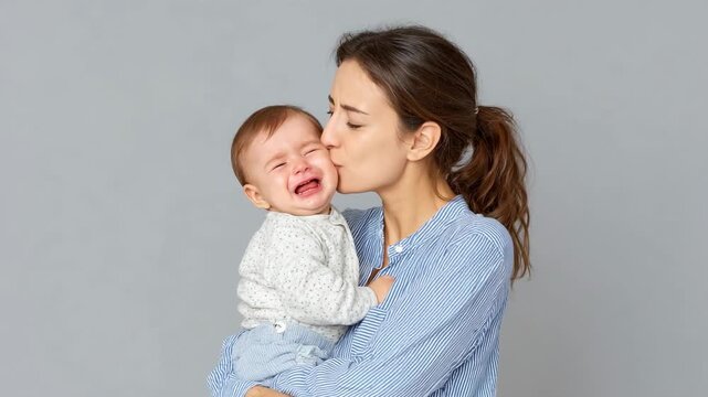 Young mother comforting and kissing crying baby in arms showing love care and parenthood emotion on neutral gray background