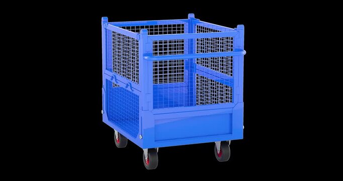 Collapsible transportation box pallet with wire mesh sides and wheels, rotating animation, seamlessly loopable. 3D rendering isolated on transparent background