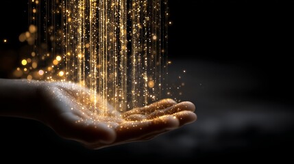 Hand cupping AI Artificial Intelligence glowing golden sparkles, showing the magic of light particles falling on hand