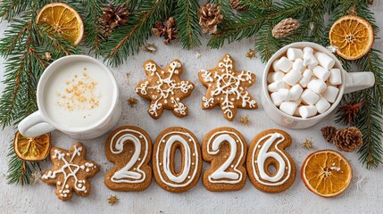 Gingerbread cookies shaped as 2026 with snowflake biscuits, hot cocoa, milk and festive decorations