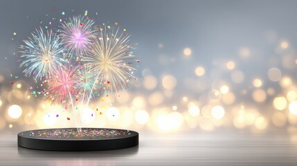 Celebration Fireworks Display on a Black Podium Stage with Bokeh Lights Background for Product Presentation