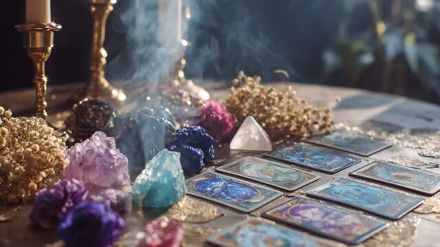 Mystic tarot reading table with crystals candles and incense smoke creating spiritual atmosphere for divination ritual