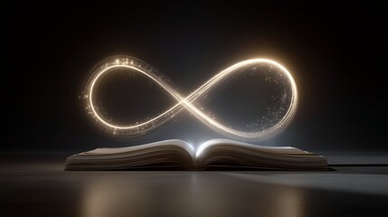 AI Artificial Intelligence mysterious glowing infinity symbol over an open book with light shining from within, a symbol of endless knowledge and imagination