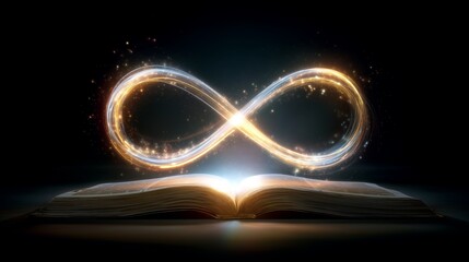 AI Artificial Intelligence mysterious glowing infinity symbol emerging from opened book concept of limitless knowledge and eternal wisdom