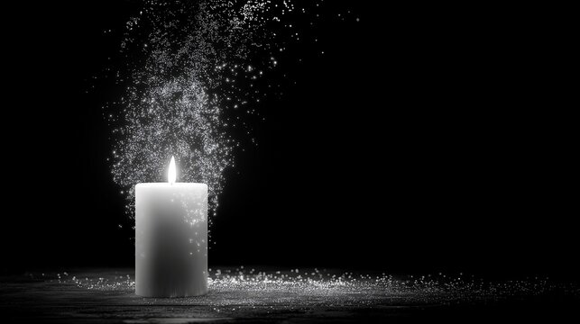 Candle burning in darkness with particles rising from the candle flame. Serene and Mysterious scene