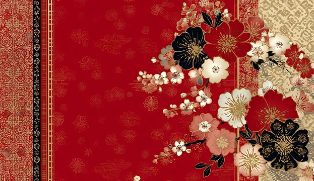 Elegant red background with a cascade of red, black, and white flowers and gold accents