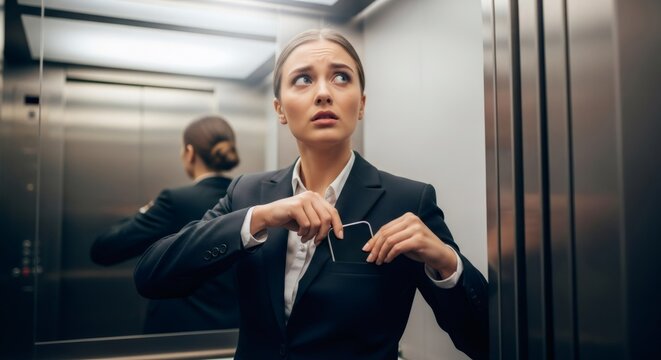 Woman entrepreneur hiding smartphone inside jacket pocket, feeling scared and anxious during an elevator ride. Urban fear, crime concept.