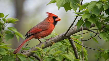 Realistic Northern Cardinal perched on a tree branch in natural habitat, vivid red plumage, black facial mask, green foliage background, wildlife bird photography in daylight
