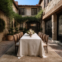 Elegant wedding table with white linen, floral centerpiece, candles, wooden chairs, set in rustic stone courtyard, inviting and romantic