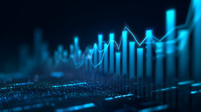 Abstract data visualization with glowing blue bars and dynamic line graph representing analytics - Powered by Adobe