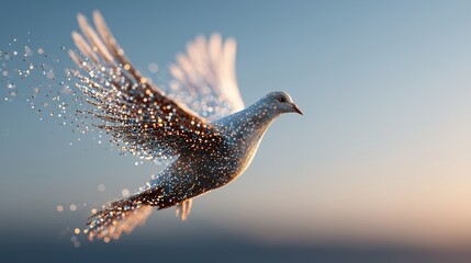 Dove in flight with AI Artificial Intelligence programming code sparkling particles against blue sky, symbol of freedom and peace, a serene and uplifting scene