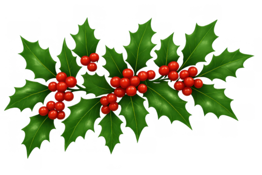 Holly sprig with red berries and green leaves, symbolizing christmas, winter holidays, and festive season decoration