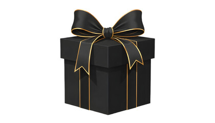 "Black gift box with bow ribbon, isolated on a transparent background."