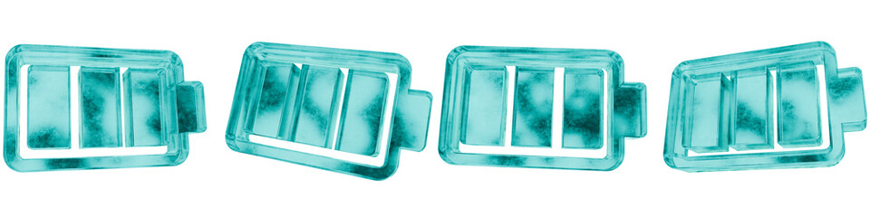 Set of four 3D battery full level shapes in frosted blue ice glass style, isolated on a transparent background. Glassmorphism icons and 3D elements for modern graphic design.