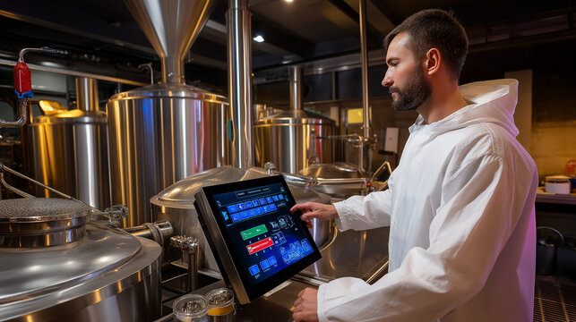 Faceless brewer monitoring digital control panel beside fermentation tanks, illuminated indicators showing brewing temperature and flow, with copy space.