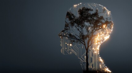 Concept of artificial intelligence and digital silhouette of a human head with a tree inside the head