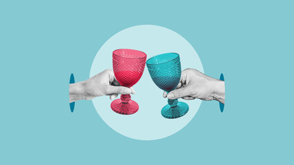 Romantic mood collage with two hands holding red wine glasses. Toast, cheers with drinking alcohol wine glass