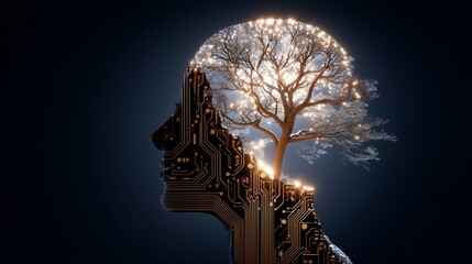 Digital mind illustration with a tree growing in a head shaped AI Artificial Intelligence figure reflecting intellect