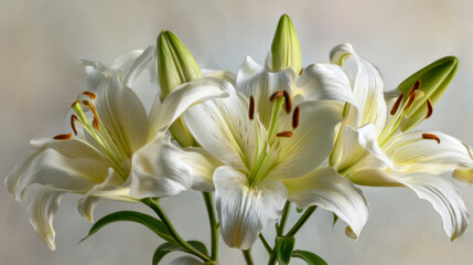 Fototapeta premium Elegant white lilies with delicate petals and green buds blooming against a soft, neutral background highlighting natural floral beauty and grace