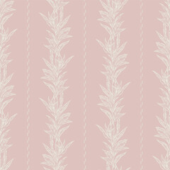 Botanical Stripes Seamless Pattern delicate toile de jouy leafy vines white sketch on pastel pink vector repeat