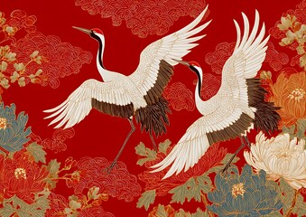 Two japanese cranes in flight amidst red floral patterns and blue and gold foliage