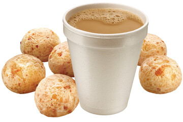 copo com café com leite acompanhado de porção de pão de queijo crocante isolado em fundo...