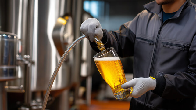 Faceless worker transferring beer between tanks using flexible hoses, stainless steel reflections and golden liquid visible, with copy space.