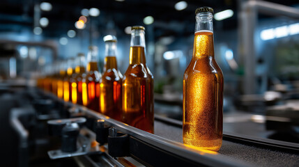 Faceless brewer labeling freshly filled glass bottles on a conveyor line, amber tones of beer glowing under soft industrial light, with copy space.