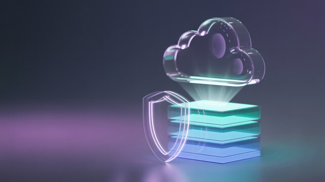 glass cloud over layered servers with shield representing protected cloud stack data security backup and compliant storage