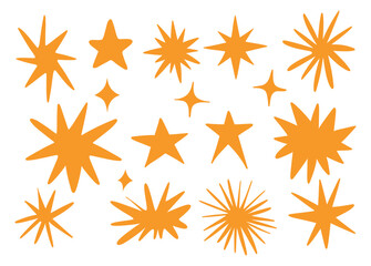 A large set of hand-drawn yellow stars. Doodle stars.