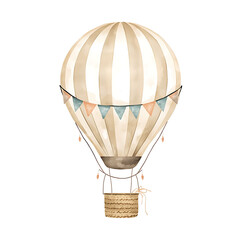 Soft watercolor illustration depicts a vintage hot air balloon featuring beige and white stripes, a wicker basket, and pastel pennant flags.