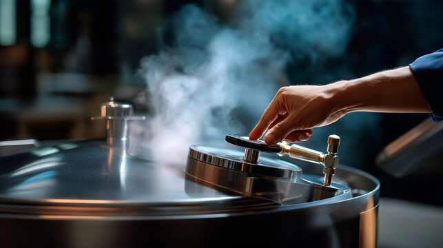 Faceless brewer opening a valve to release steam from boiling kettle, motion and light interplay symbolizing craft and control, with copy space.