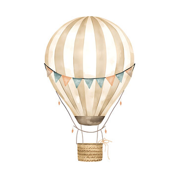 Soft watercolor illustration depicts a vintage hot air balloon featuring beige and white stripes, a wicker basket, and pastel pennant flags.