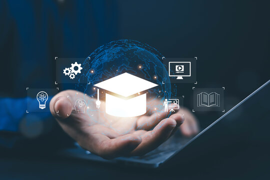 Person holding digital graduation cap icon with global network, symbolizing online education, e-learning, classroom, innovation, and modern technology for worldwide learning and knowledge sharing. - Powered by Adobe