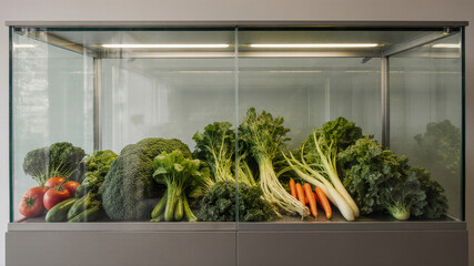 Glass case with vegetables symbolizing fragile access to fresh produce in conflict