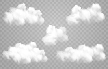 Plakat White vector realistic cloud set. Vector weather element on png background. Cloud texture, nature sky or foggy nature illustration isolated on transparent background.