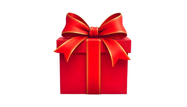 "Red gift box with golden ribbon bow, isolated on a transparent background."
