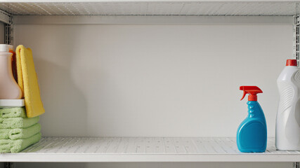 Household cleaning supplies on empty shelf representing hygiene crisis during conflict