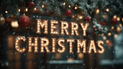 Duży, tr&oacute;jwymiarowy napis "Merry Christmas" z żar&oacute;wkami, zawieszony pod świątecznymi gałęziami, bombkami i lampkami, w zimowym, śnieżnym otoczeniu.