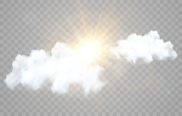 Fototapeta premium Vector realistic sunny-cloudy sky. Sunlight and cloud texture, nature sky. Vector weather element on png background. Glow light effect with cloud, smoke, fog. Isolated on transparent background.