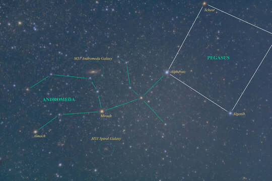 Constellation guide (How to find), Andromeda next to the great square of Pegasus and brightest stars (Alpheratz, Algenib, Scheat, Mirach, Almach) (Autumn season)